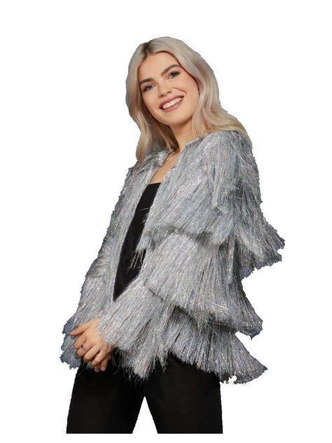 PRICES MAY VARY. Size: Small/Medium Tinsel Jacket, Tassel Jacket, Silver Jacket, Party Jackets, Silver Tinsel, Festival Jacket, Girls Outerwear, Sequin Jacket, Fringe Jacket