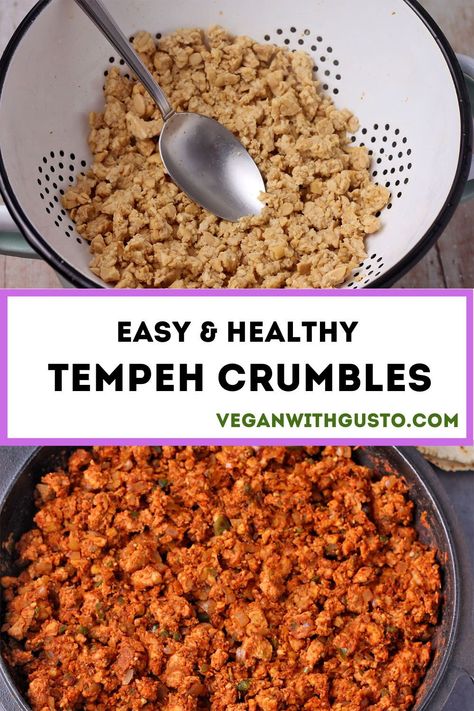 Making tender vegan tempeh without the bitter flavor is easy once you know the trick. Tempeh crumbles are easy to make and versatile, so you can make them in various recipes. Tempeh Crumble Recipes, Shredded Tempeh, Best Tempeh Recipes, Easy Tempeh Recipes, Tempeh Scramble, Tempeh Crumbles, Vegan Tempeh Recipes, Tempeh Recipes Vegan, Tvp Recipes