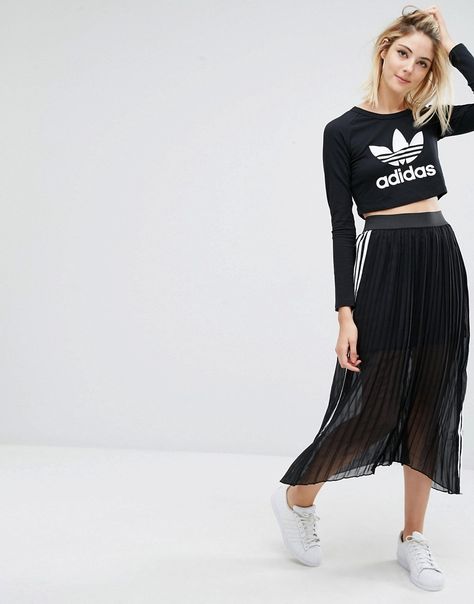 Image 1 of adidas Originals Pleated Maxi Skirt With 3 Stripe Adidas Dress Outfits, Looks Adidas, Adidas Skirt, Adidas Dress, Tennis Skirt Outfit, Fashion Network, Womenswear Fashion, Pleated Chiffon, Pleated Maxi Skirt