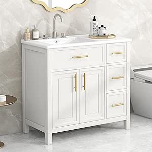 Merax 36" Bathroom Vanity with Sink, Wood White Bathroom Sink Cabinet with 3 Drawers and Doors, Wood Bathroom Vanity Set 36 Inch Bathroom Vanity, 36 Bathroom Vanity, Bathroom Sink Cabinets, Bathroom Vanity Cabinet, Wood Bathroom Vanity, White Sink, Sink Countertop, Sink Top, Bathroom Vanity Cabinets