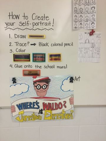 For our school wide beginning of the year project this year, we are being inspired by the book series, "Where's Waldo?" Each student got to practice their figure drawing skills in a self-portrait and Art Early Finishers Elementary, Artsy Portraits, Square One Art, Elementary School Lesson Plans, Teaching Art Elementary, Education Post, Where's Waldo, Back To School Art, Wheres Waldo