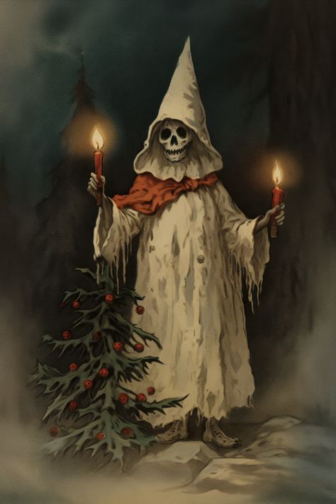 Venture into a chilling twist on the festive season with this haunting digital download print. At the center, a spectral figure draped in tattered robes holds aloft two glowing candles, their warm light illuminating the ominous skull beneath the hood. A contrasting vibrant orange scarf is draped around its skeletal neck, adding a touch of macabre festivity. To the figure's side, a withered Christmas tree, adorned with simple red baubles, stands as a symbol of decayed celebration. Christmas Skull Art, Macabre Christmas, Yule Inspiration, Merry Witchmas, Christmas Horror Art, Rustic Xmas Decor, Evil Christmas, Haunted Christmas, Mid Winter Christmas