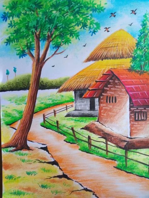 সিনারি Drawing, Beautiful Scenery Drawings Easy, Village Drawing Landscapes, Scenery Drawing Ideas, Colour Pencil Art Landscapes, Village Scenery Drawing, Beautiful Scenery Drawing, Scenery Drawing For Kids, Oil Pastel Drawings Easy