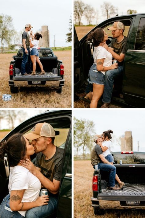 Couples Pics With Truck, Alcohol Engagement Photos, Couples Photo Shoot With Truck, Fun Engagement Photos Funny, Truck Couple Photoshoot, Truck Engagement Pictures, Beer Engagement Pictures, Couples Photos With Truck, Engagement Photos With Semi Truck