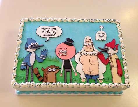 The Regular Show 1/4 sheet cake (Cartoon Network). Characters handmade from fondant. Regular Show Cake, Falls Wallpapers, Cartoon Network 90s, The Regular Show, Cartoon Network Art, Cartoon Network Characters, Happy 7th Birthday, Food Art For Kids, Cartoon Network Shows