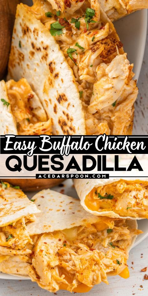 This easy buffalo chicken quesadilla recipe is the perfect busy weeknight dinner! Learn how to make this homemade buffalo chicken quesadilla and enjoy a gooey and crispy meal later. Save this quick and simple dinner idea now! Chicken Quesadillas Easy, Homemade Buffalo Chicken, Garlic Hot Sauce, Cheesy Buffalo Chicken, Buffalo Chicken Quesadilla, Quesadilla Recipes Easy, Chicken Quesadilla Recipe, Easy Buffalo Chicken, Buffalo Chicken Recipes