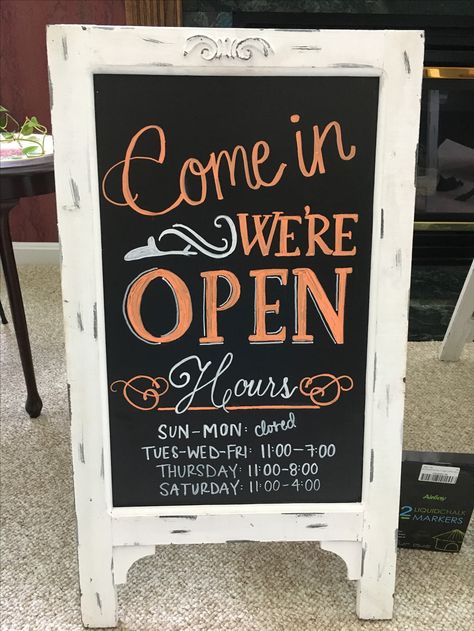 We Are Open Chalkboard Sign, Open Signs Ideas Business Chalk, Chalkboard Open Sign, Salon Chalkboard Signs, Sale Chalkboard Sign Ideas, Sandwich Sign Ideas, Small Business Chalkboard Signs, Chalkboard Sign Ideas For Business, Sandwich Board Ideas Chalkboard Signs