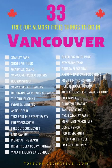 33 FREE things to do in Vancouver (or almost free) - Forever Lost In Travel Things To Do In Vancouver Canada Summer, Canada Apartment, Vancouver Itinerary, Vancouver Things To Do, Vancouver Summer, Vancouver Trip, Vancouver Vacation, Vancouver Condo, Lynn Canyon