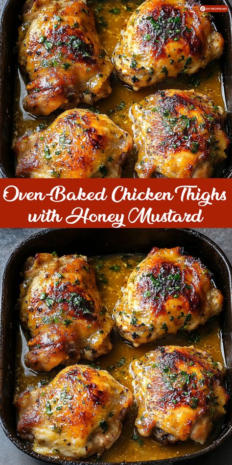 Enjoy these oven-baked chicken thighs covered in a tasty honey mustard sauce. Simple ingredients like garlic, herbs, and Dijon mustard make this dish irresistible! Chicken Thigh With Sauce Recipe, Honey Mustard Chicken Legs Baked, Simple Boneless Chicken Thigh Recipes, Honey Baked Chicken Thighs, Honey And Mustard Chicken Recipe, Honey Mustard Garlic Chicken, Baked Thigh Chicken Recipes, Puerto Rican Baked Chicken Recipes, Whole 30 Baked Chicken