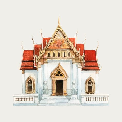 Eiffel Tower Painting, Temple Drawing, Temple Thailand, Bangkok Hotel, Architecture Landmark, Thailand Bangkok, Thai Art, Buddhist Temple, Free Illustrations