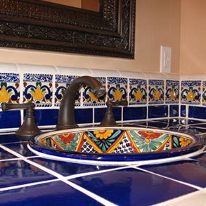 Hand Painted Sinks Cobalt Blue Bathroom, Hacienda Bathroom, Blue Bathroom Design, Spanish Style Bathrooms Mexico, Mexican Tile Bathroom, Painted Sink, Mexican Sink, Spanish Style Bathrooms, Mediterranean Bathroom