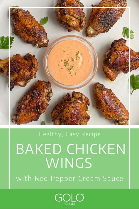 This recipe is just in time for Super Bowl Sunday! This baked chicken wing with red pepper cream sauce will be the perfect protein for a night full of football. Golo Chicken, Baked Chicken Wing, Golo Meals, Red Pepper Cream Sauce, Pepper Cream Sauce, Golo Recipes, Golo Diet, 2023 Recipes, Diet Meals