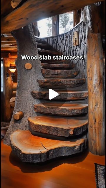 Inspiring Designs on Instagram: "These wood slab staircases are absolutely gorgeous! 🤯🤯 #interiordesign #rustic #rustichome #cabinlife" Live Edge Staircase, Tree Stairs, Rustic Staircase, Property Ideas, Cabin Living, Tree Houses, Wood Tree, Cabin Life, Staircases