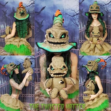 Natalie Allen on Instagram: "Oogie with his Boogie 😍😍😁 to say I'm excited doesn't even begin to describe how I feel about these. I used @crochetverse Twisted Witch hat pattern on ravelry and freehanded the rest #crochet #handmade #hat #witchy #oogieboogie #nightmarebeforechristmas #halloween #crochetersofinstagram #yarnporn #yarnporn #amigurumi" Crochet Boogieman, Oogie Boogie Hat Crochet Pattern Free, Oogie Boogie Crochet Hat, Crochet Oogie Boogie Hat, Oogie Boogie Crochet Pattern Free, Oogie Boogie Crochet Pattern, Oogie Boogie Hat, Crochet Oogie Boogie, Dnd Cosplay