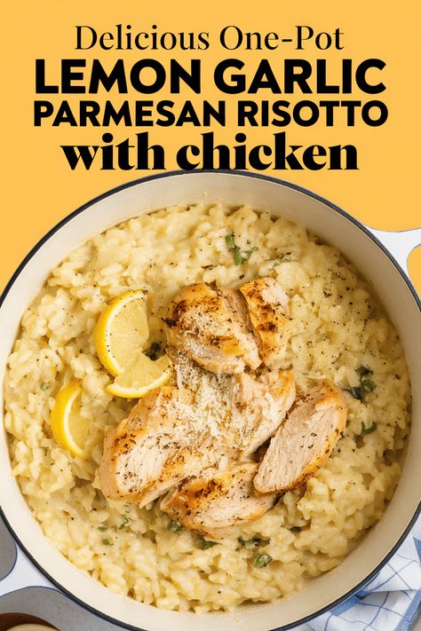 Simple and Delicious One-Pot Lemon Garlic Parmesan Chicken Risotto Risotto Recipes Lemon, Chicken Lemon Risotto, Chicken And Risotto Recipes, One Pot Dinners Easy, Garlic Parmesan Risotto, One Pot Recipe Ideas, Lemon Garlic Parmesan Chicken, Chicken Risotto Recipe, Risotto Chicken