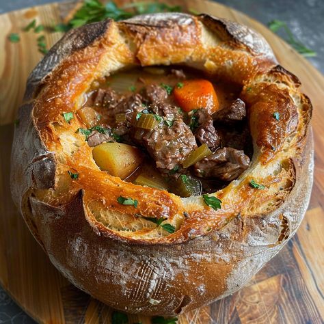 Beef Stew Bread Bowl, Stew Bread, Rich Beef Stew, Cream Cheese Spaghetti, Baked Cream Cheese Spaghetti, Cheesy Pasta Bake, Bread Bowl Recipe, Edible Bowl, Classic Beef Stew