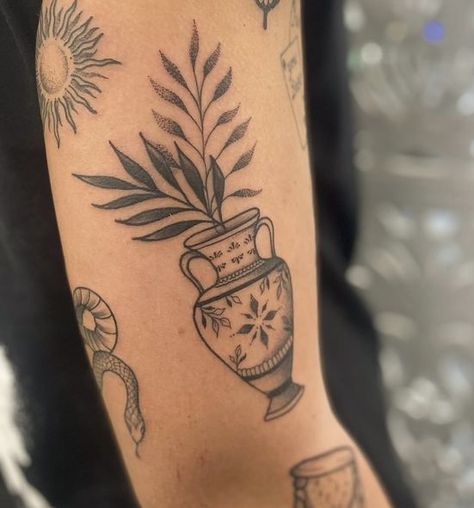 Vase With Sunflowers Tattoo, Pot With Flowers Tattoo, Flower Vase Tattoo Simple, Small Vase Tattoo, Vase And Flower Tattoo, Plant Pot Tattoo, Plant Vase Tattoo, Vase Flower Tattoo, Flower In Vase Tattoo