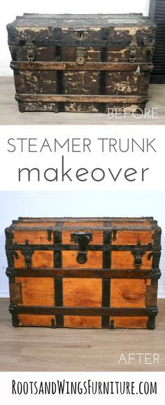 Transform and old st Repurpose Old Trunk, Repurposed Suitcase, Steamer Trunk Makeover, Trunk Redo, Antique Trunk Restoration, Trunk Restoration, Trunk Makeover, Vintage Steamer Trunk, Metal Trunk