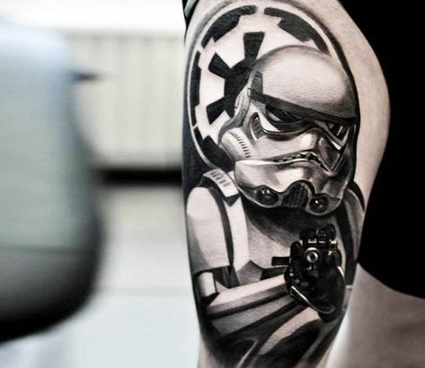 Stormtrooper tattoo by Jakub Hanus Stormtrooper Tattoo, Boba Fett Tattoo, Star Wars Tattoo Sleeve, World Famous Tattoo Ink, Usa Tattoo, Chest Piece Tattoos, Realistic Tattoo, Cool Tattoos For Guys, Star Wars Tattoo