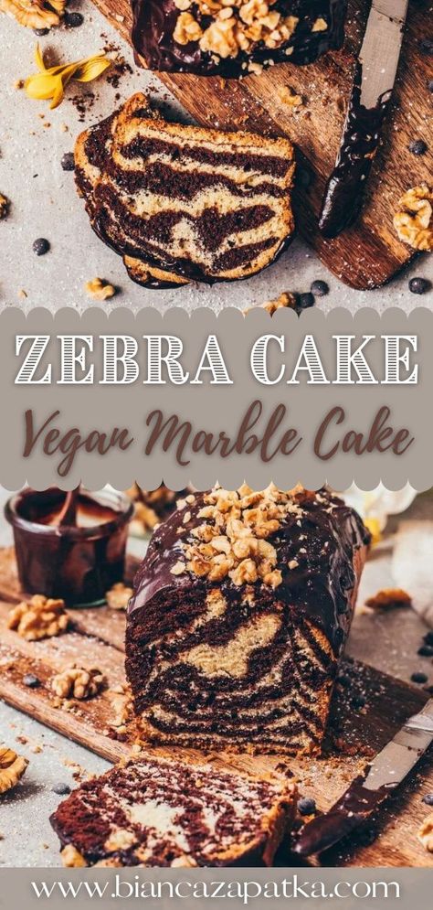 Vegan Loaf Cake Recipes, Vegan Marble Cake Recipe, Simple Vegan Cake Recipes, Vegan Zebra Cake, Vegan Birthday Desserts, Simple Vegan Cake, Easy Vegan Cake, Vegan Marble Cake, Simple Chocolate Ganache