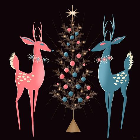 Midcentury Pink And Aqua Holiday At The North Pole #reindeer #christmas #holiday #midcentury #midcenturymodern #pink #aqua #mod #deer #art #illustration Illustrated Holiday Cards, Pole Art, The North Pole, Holiday Colors, Christmas Stuff, North Pole, Abstract Artists, Society6 Art, Abstract Prints