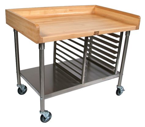 The John Boos Maple-Top Work Table & Cart features a 4-inch coved riser on the back and both sides, plus a stainless steel base, shelf and bun pan rack. (48x30) Baking Table Kitchen, Bakers Cart Ideas, Baking Table Ideas, Prep Station Kitchen, Bakery Kitchen Layout, Bakery Table, Baking Table, Modern Pastry, Baking Organization