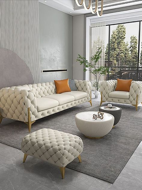 Leather three-seater sofa set, made of genuine leather, high-end sponge, stainless steel, with moderate softness. Suitable for living room apartment Sofa Set For Office, Three Seater Sofa Design, Leather Tufted Sofa, Corner Sofa With Storage, Nordic Living Room Sofas, Sofa Kulit, Sofa Chesterfield, White Leather Sofas, Furnitur Ruang Keluarga