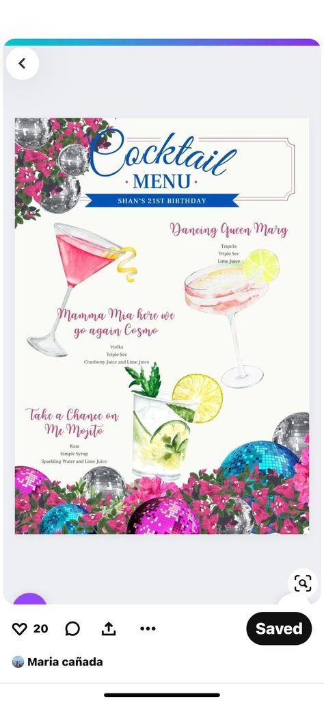 Mamma Mia Themed Drinks, Themed Drinks, Cocktail Menu, Mama Mia, Triple Sec, Cranberry Juice, Sparkling Water, Dancing Queen, Simple Syrup