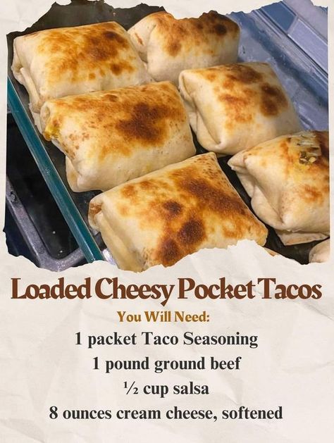 Ina Garten 🥧🍜 | Loaded Cheesy Pocket Tacos | Facebook Pocket Tacos, Taco Seasoning, 1 Pound, Melted Butter, Ground Beef, Cream Cheese, Tacos, Cheese, Ina Garten