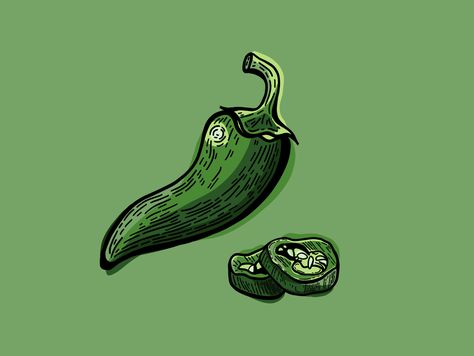 Chili Pepper Illustration, Jalapeno Illustration, Jalapeno Drawing, Jalapeno Tattoo, Chilli Illustration, Pepper Illustration, Green Chili Sauce, Green Jalapeno, Chile Jalapeño