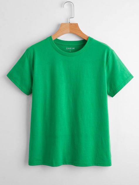 Green Casual  Short Sleeve Cotton Plain   Slight Stretch Summer Women Tops, Blouses & Tee Green Plain, Green Tee, Round Neck Tees, Women T Shirts, Fashion Story, Women Tops, Daily Fashion, Sleeve Cotton, Summer Women