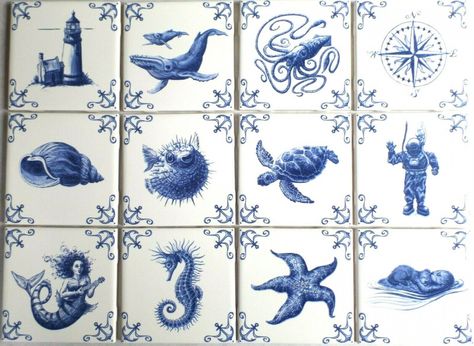 The+Kit+Oz+Blue+Nautical+Delft+Design+Kiln+Fired+Ceramic+Tiles+12+set+4.25x4.25+Anchor Nautical Flooring, Delft Design, Nautical Tiles, Nautical Bathroom Design Ideas, Fish Tiles, Hall Wallpaper, Lobster Design, Interior Tiles, Sea Kelp