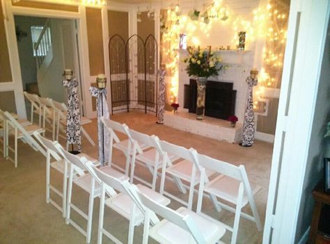 Very small intimate home wedding. In our living room Small Intimate Christmas Wedding, Indoor Small Wedding, Home Wedding Ideas Indoor Small, House Wedding Ideas Small Indoor, Living Room Wedding Ceremony, Living Room Wedding Decor, Ceremony Decorations Indoor, Starlight Wedding, Wedding Redo