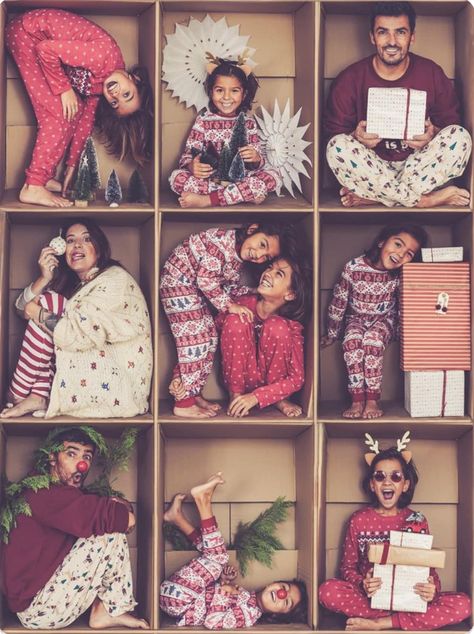 Unique Christmas Pictures Family Photos, Christmas Family Photoshoot Ideas Holiday Cards, Family Christmas Pictures Theme, Family Photo Ideas Christmas, Toddler Christmas Box Pictures, Cousins Christmas Pictures, Family Holiday Photoshoot Ideas, Christmas Card Inspo Family, Fun Family Portrait Ideas