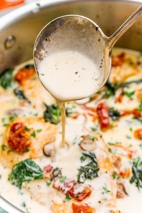 Creamy Tuscan Chicken is a gourmet homemade meal that takes just 30 minutes! Made with chicken, sundried tomatoes, spinach, mushrooms, spices, cheese, and heavy cream, this is a perfect family-friendly recipe to whip up on any night of the week. Chicken Sundried Tomatoes, Tuscan Chicken Mac And Cheese, Optivia Meals, Sundried Tomato Recipes, Creamy Tuscan Chicken Recipe, Heavy Cream Recipes, Sundried Tomato Chicken, Cream Cheese Spinach, Cream Sauce For Chicken