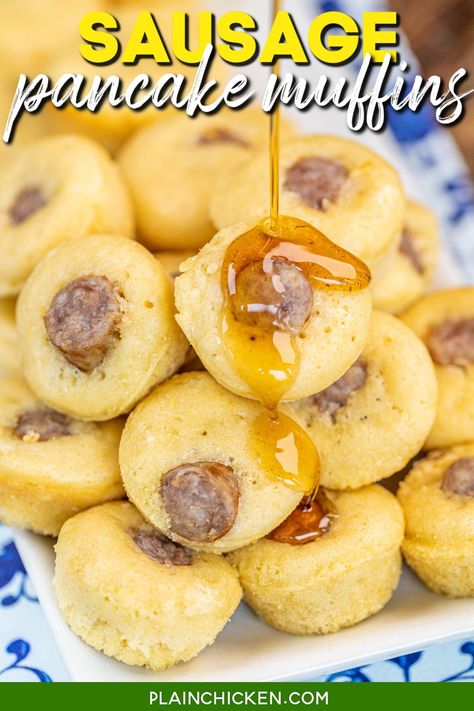 Sausage Pancake Muffins Recipe – Homemade pancake batter baked in mini muffin pans with a sausage slice in each muffin. Milk, butter, egg, vanilla, maple syrup, sugar, flour, baking powder, salt, and sausage links. They are super easy to make, freeze well, and are perfect for breakfast for on-the-go! Serve with additional maple syrup. Recipes With Sausage Links, Meal Appetizers, Pancake Sausage Muffins, Sausage Pancake Muffins, Homemade Pancake Batter, Mini Pancake Muffins, Pancake Sausage, Sausage Muffins, Cannoli Dip