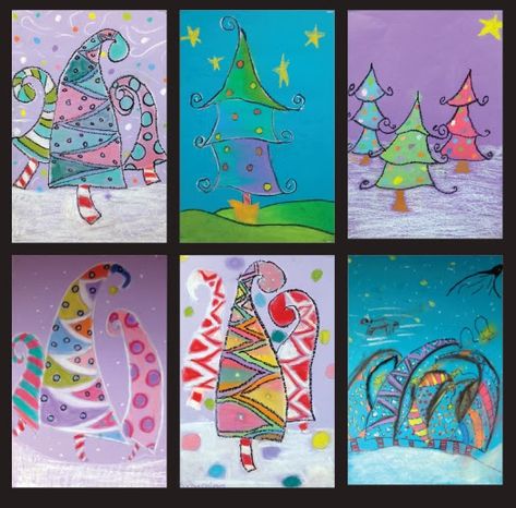 Christmas Art Primary School, Whoville Art Projects For Kids, Holiday Art Lessons Elementary, Whimsical Christmas Tree Art, Christmas Art Lessons, Christmas Art Projects For Elementary, Christmas Art Projects For Kids, Christmas Tree Paintings, Christmas Watercolors