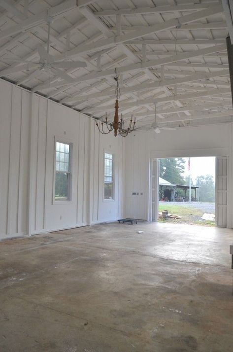 Board And Batten Garage Interior, Barn With Chandelier, Painted Trusses, White Garage Interior, Farmhouse Garage Interior, Christmas Barn Decorations, Barn Ceiling Ideas, Interior Ceiling Ideas, Pole Barn Interior Ideas