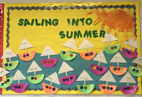 Sailing into summer Summer Bulletin Board, Summer Bulletin Boards, Toddler Class, St Patricks Day Crafts For Kids, Preschool Bulletin, Preschool Bulletin Boards, Summer Preschool, Toddler Summer, St Patrick's Day Crafts