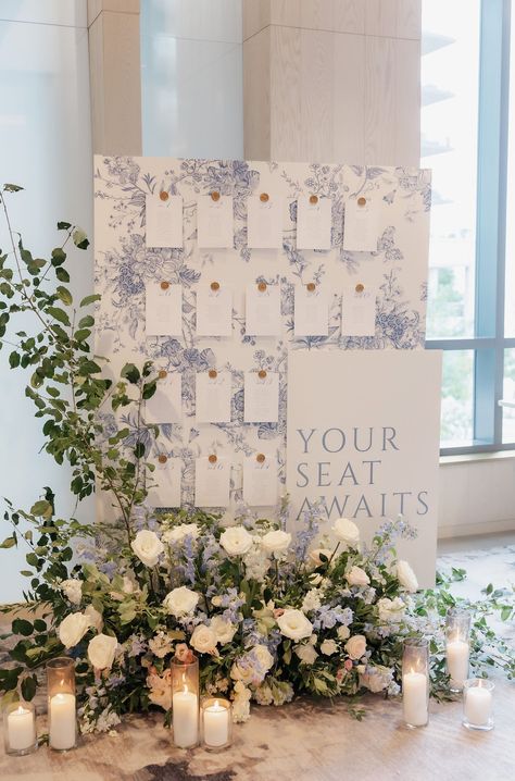 Sarah+Erik Wed at the Pearle Hotel+Spa — Sue Gallo Designs Seating Chart Florals, Wedding Seating Chart Display, Garden Soiree, Hotel Aesthetic, Blue Themed Wedding, Spa Set, Classic Garden, Floral Event Design, Coastal Wedding