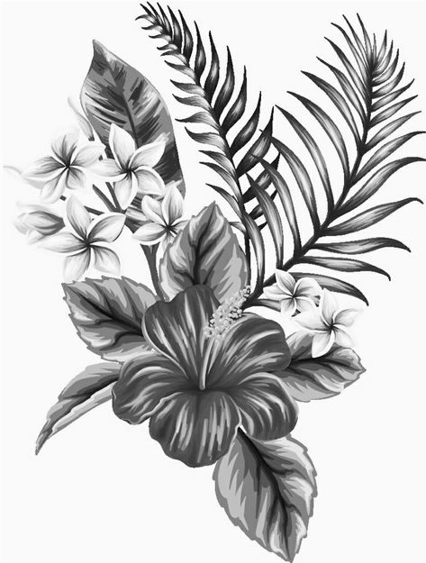 Cute Big Back Tattoos For Women, Tropical Friend Tattoos, Nature Tattoos Stencil, Piece Of Me Tattoo, Island Sleeve Tattoos For Women, Island Flowers Tattoo, Tropical Inspired Tattoos, Hip Tattoos Women Leaves, Ferm Tattoos