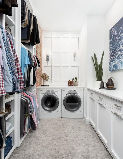 Master Closet With Washer And Dryer, Laundry Room And Closet Combo, Laundry Renovation Ideas, Laundry Room Combo, Transitional Laundry Room, Laundry Renovation, Modern Laundry Room, Master Closet Design, Master Bath And Closet