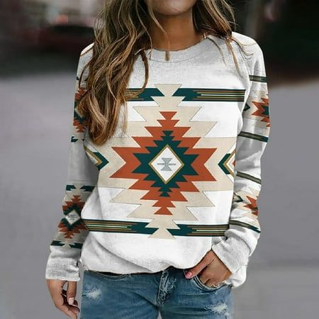 Long Sleeve Shirts For Women, Trendy Graphic Design, Western Wear Outfits, Aztec Style, Western Life, Christmas Clothes, Aztec Fashion, Sweatshirt For Women, Ethnic Print