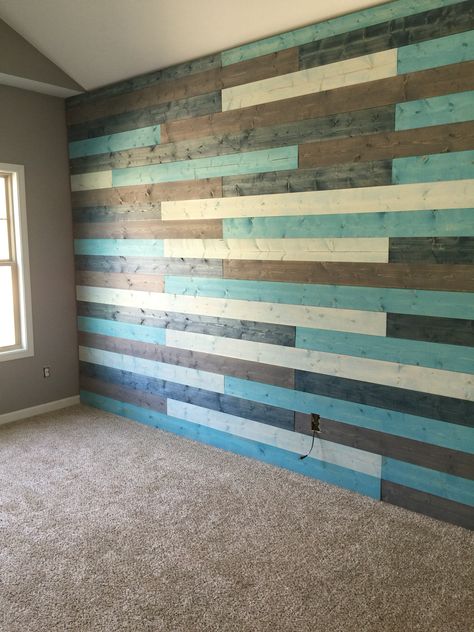 Nursery ship lap wall Skid Wood Wall, Stained Pallet Wall, Painted Wood Accent Wall Bedroom, Teal Shiplap Wall, Palet Wall Ideas, Ship Lapped Walls, Bedroom Pallet, Pallet Wall Ideas, Hockey Bedroom