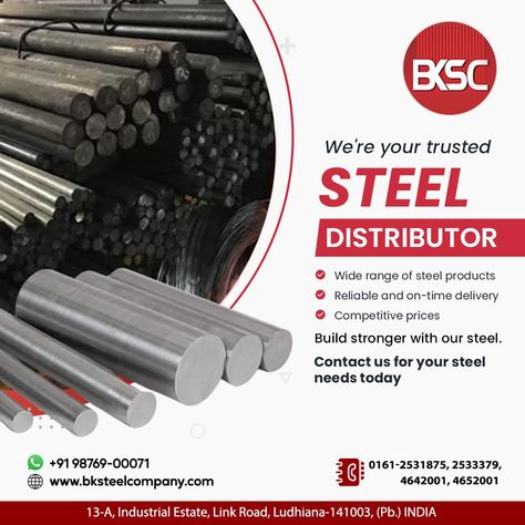 We're your trusted steel distributor! *Wide range of steel products *Reliable and on-time delivery *Competitive prices Build stronger with our steel. Steel Company, Logo Font, Logo Fonts, Poster Design, Range, Building, Quick Saves, Design