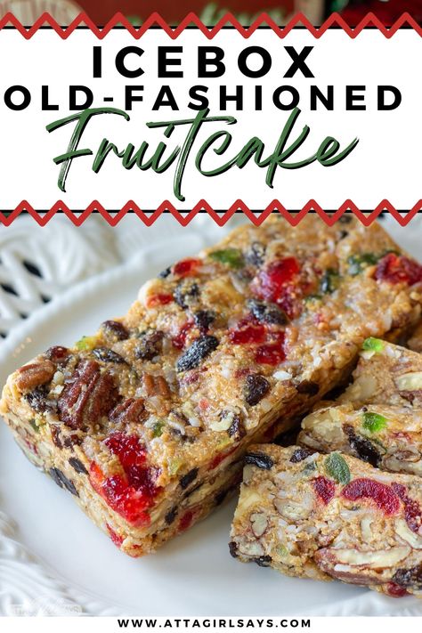 If you don't like the classic Christmas dessert , this no-bake icebox fruitcake recipe will change your mind. You'll love this fruity and nutty version made with graham crackers and marshmallows. Icebox Fruit Cake Recipe, Icebox Fruitcake, Christmas Dessert Menu, Classic Christmas Dessert, Fruit Cake Recipe Easy, Fruit Cake Recipe Christmas, Fruit Cake Recipe, Fruit Cake Cookies, Holiday Fruit