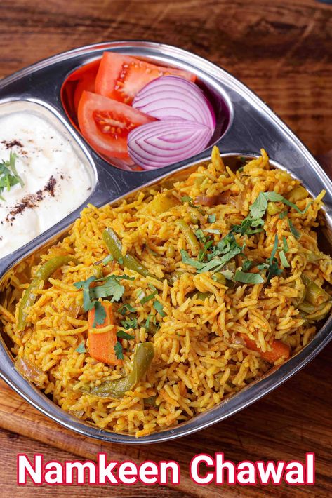 Namkeen Chawal Recipe | Namkeen Rice - Vegetable Pulao Tawa Pulao Recipes, Curd Rice Recipe, Paneer Snacks, Chawal Recipe, Idli Chutney, Chutney Sandwich, Vegetable Pulao, Mexican Rice Recipes, Spicy Rice