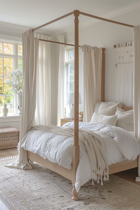 29 Canopy Bed With Curtains for a Cozy Retreat - My Elegant Home Girls Bed With Canopy, Four Poster Bed With Curtains, Canopy Bed With Curtains, Bed With Curtains, Four Poster Bedroom, Bed With Canopy, Modern Canopy, Canopy Ideas, Wood Canopy Bed