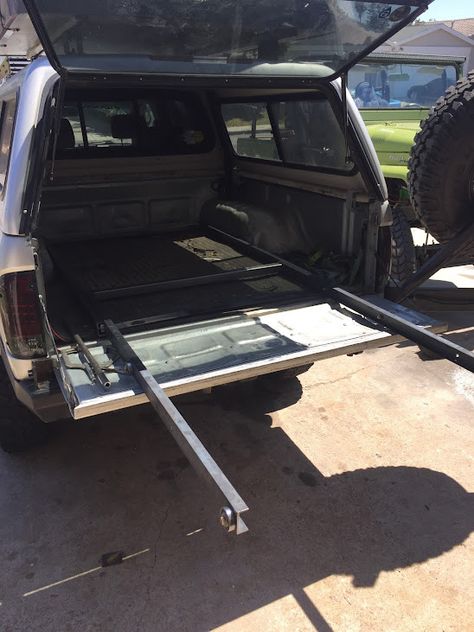 Diy Bed Slide, Diy Truck Camper Shell, Truck Bed Slide Out Diy, Diy Truck Bed Slide, Truck Accessories Diy, Sliding Bed, Truck Bed Drawers, Truck Bed Slide, Camping Vehicles