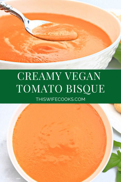 Vegan Tomato Bisque ~ This luscious tomato soup is easy to make with only a handful of ingredients and ready to serve in under 20 minutes! Vegan Bisque, Vegan Tomato Bisque, Tomato Bisque Recipe, Tomato Bisque Soup, Homemade Tomato Soup, Vegan Tomato Soup, Bisque Soup, Vegan Pantry, Classic Grilled Cheese